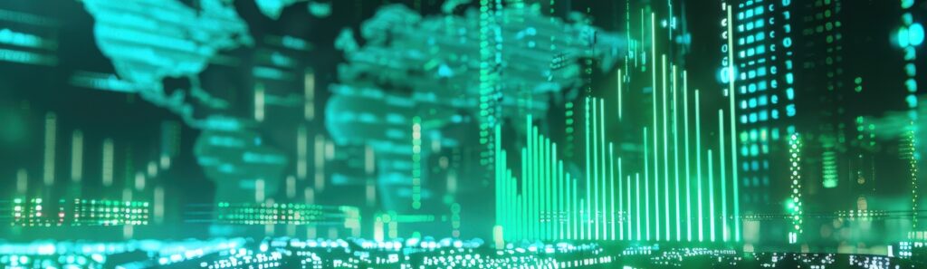 Digital Network, Cyber Cityscape, Green Glowing Screens, Global Connectivity