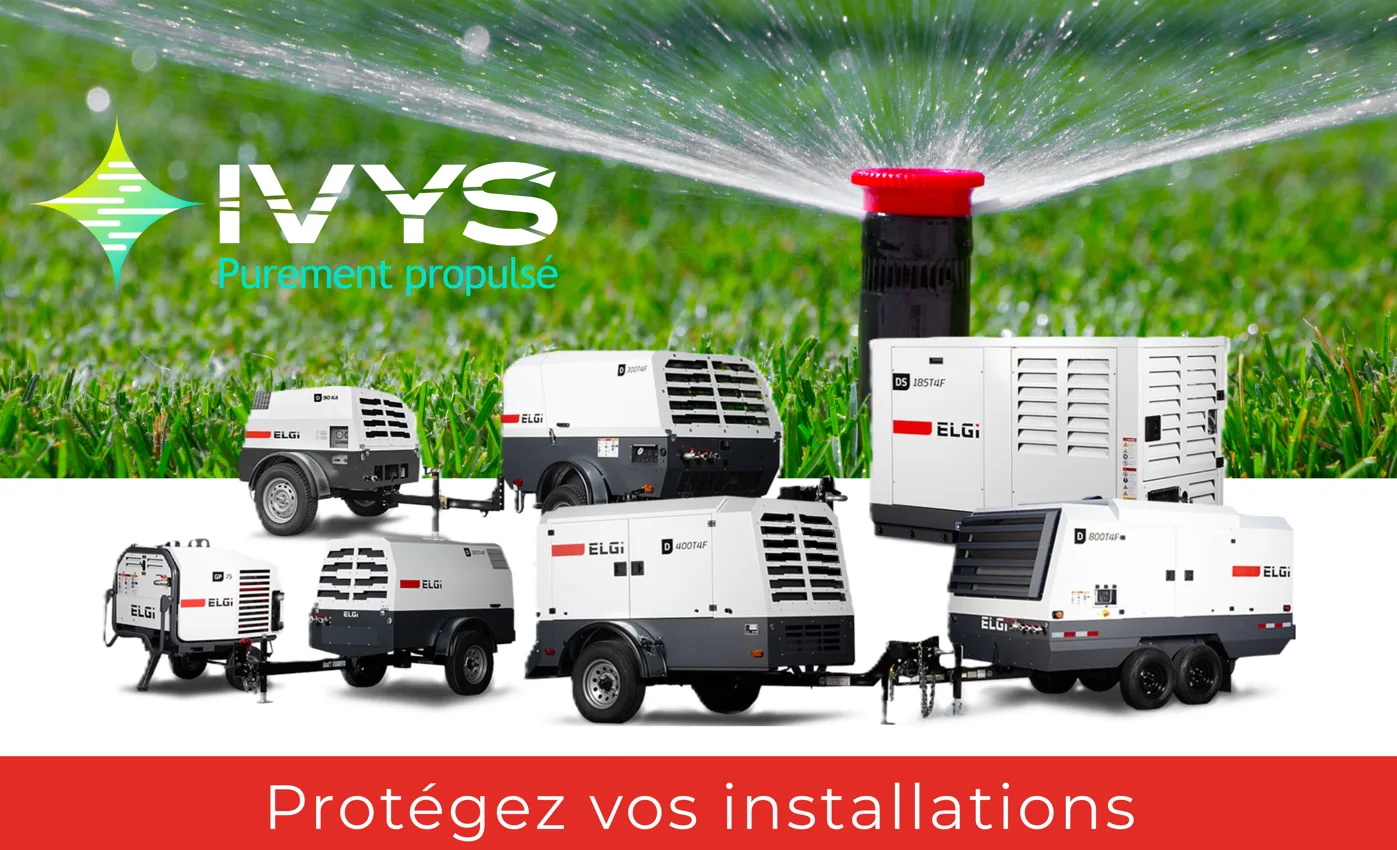Publicité d'IVYS avec le slogan "Purement propulsé", représentant une pelouse verte arrosée par un système d'arrosage et plusieurs compresseurs d'air ELGi au premier plan. Un bandeau rouge en bas de page indique "Protégez vos systèmes".