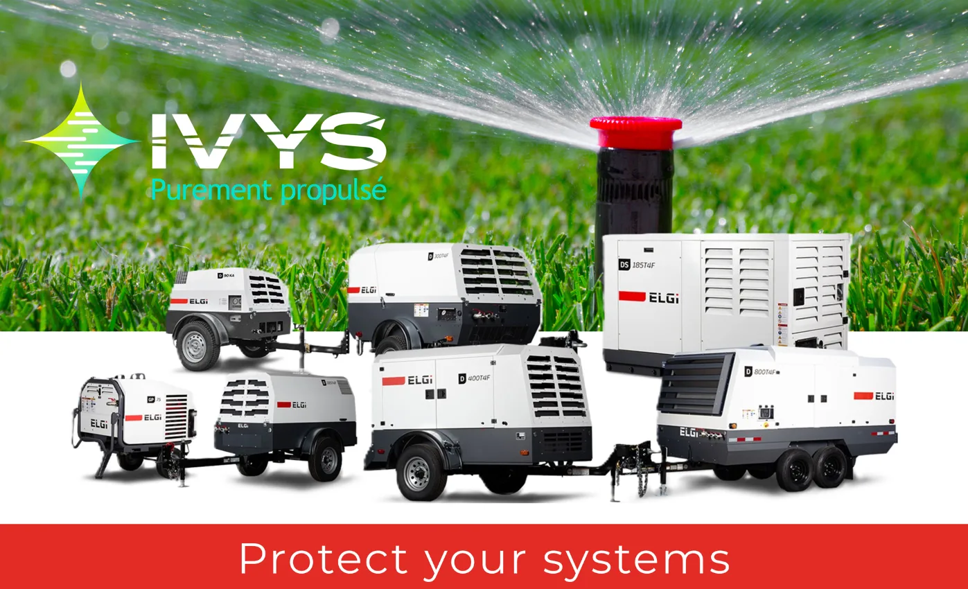 Publicité d'IVYS avec le slogan "Purement propulsé", représentant une pelouse verte arrosée par un système d'arrosage et plusieurs compresseurs d'air ELGi au premier plan. Un bandeau rouge en bas de page indique "Protect your systems".