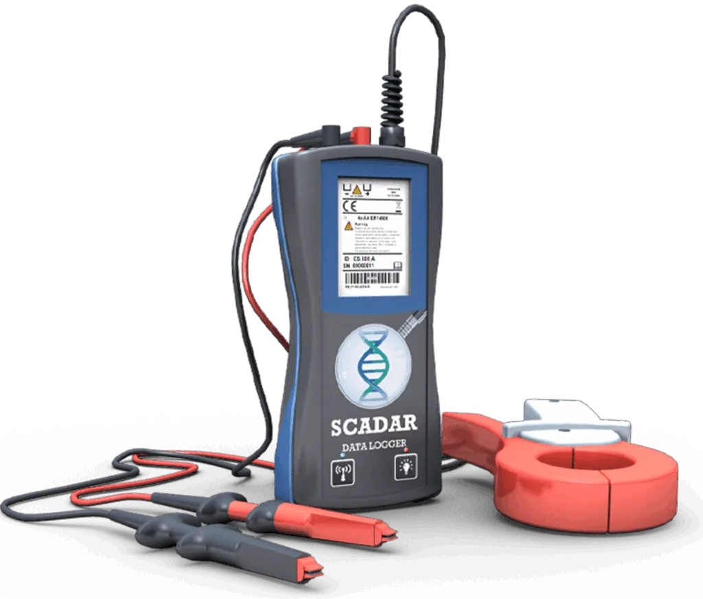 Picture55 Enregistreur de données SCADAR avec câbles et pince de mesure pour analyse de performance des compresseurs d’air industriel. - SCADAR data logger with cables and clamp for industrial air compressor performance analysis.