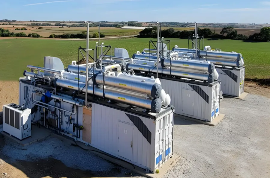 Three modular biogas upgrading units installed outdoors on a gravel surface, featuring cylindrical stainless-steel adsorber vessels mounted on containerized skids. The units are aligned in parallel, with visible piping, valves, and structural frames. Green agricultural fields and trees are in the background under a clear blue sky." --- "Trois unités modulaires d’épuration du biogaz installées à l’extérieur sur une surface en gravier, avec des adsorbeurs cylindriques en acier inoxydable montés sur des conteneurs. Les unités sont disposées en parallèle, avec tuyauterie, vannes et structures visibles. Des champs agricoles verts et des arbres apparaissent en arrière-plan sous un ciel bleu dégagé."