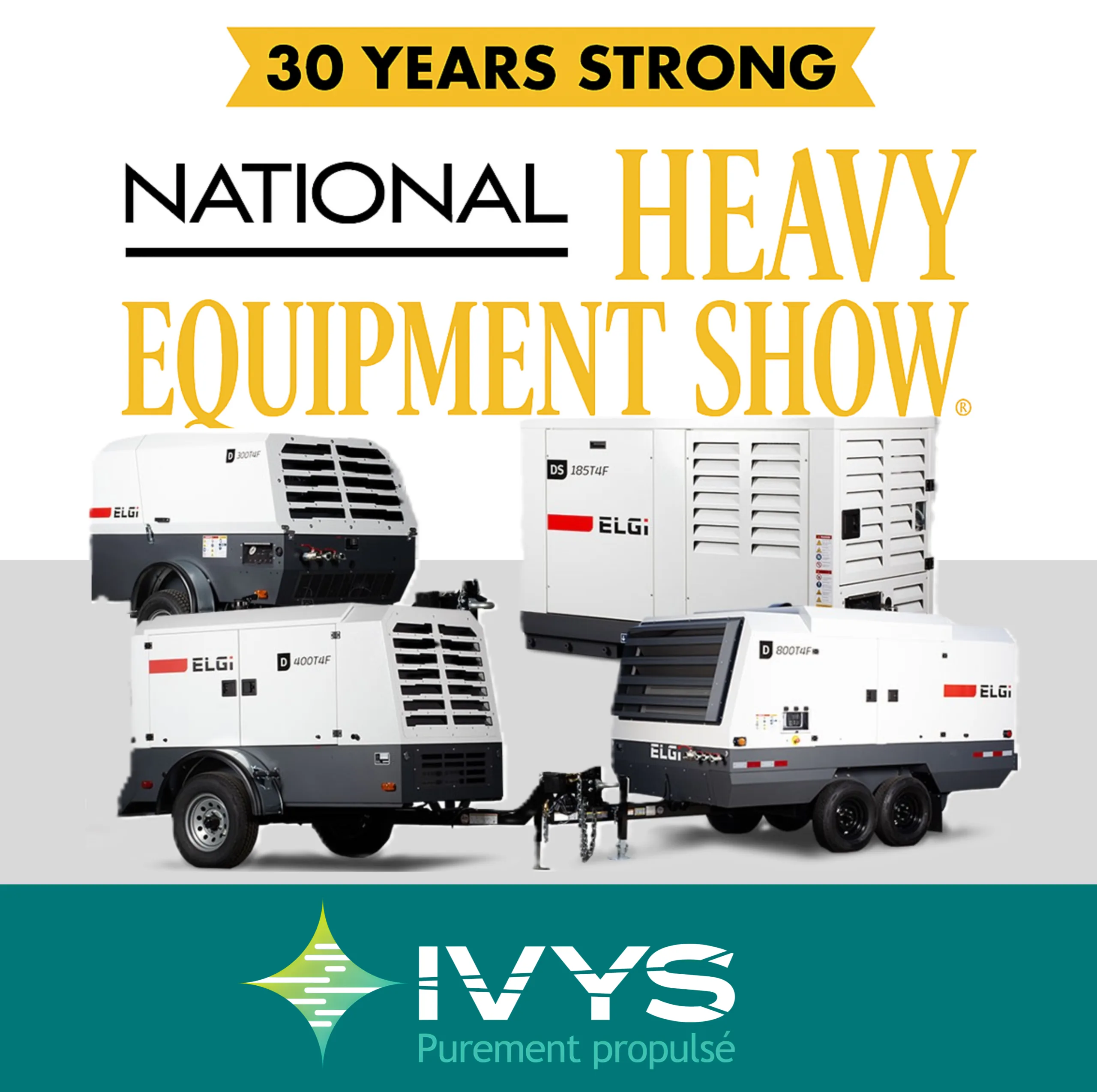 Visuel promotionnel du National Heavy Equipment Show avec quatre compresseurs industriels ELGi présentés à l’avant et le logo IVYS au bas de l’image.