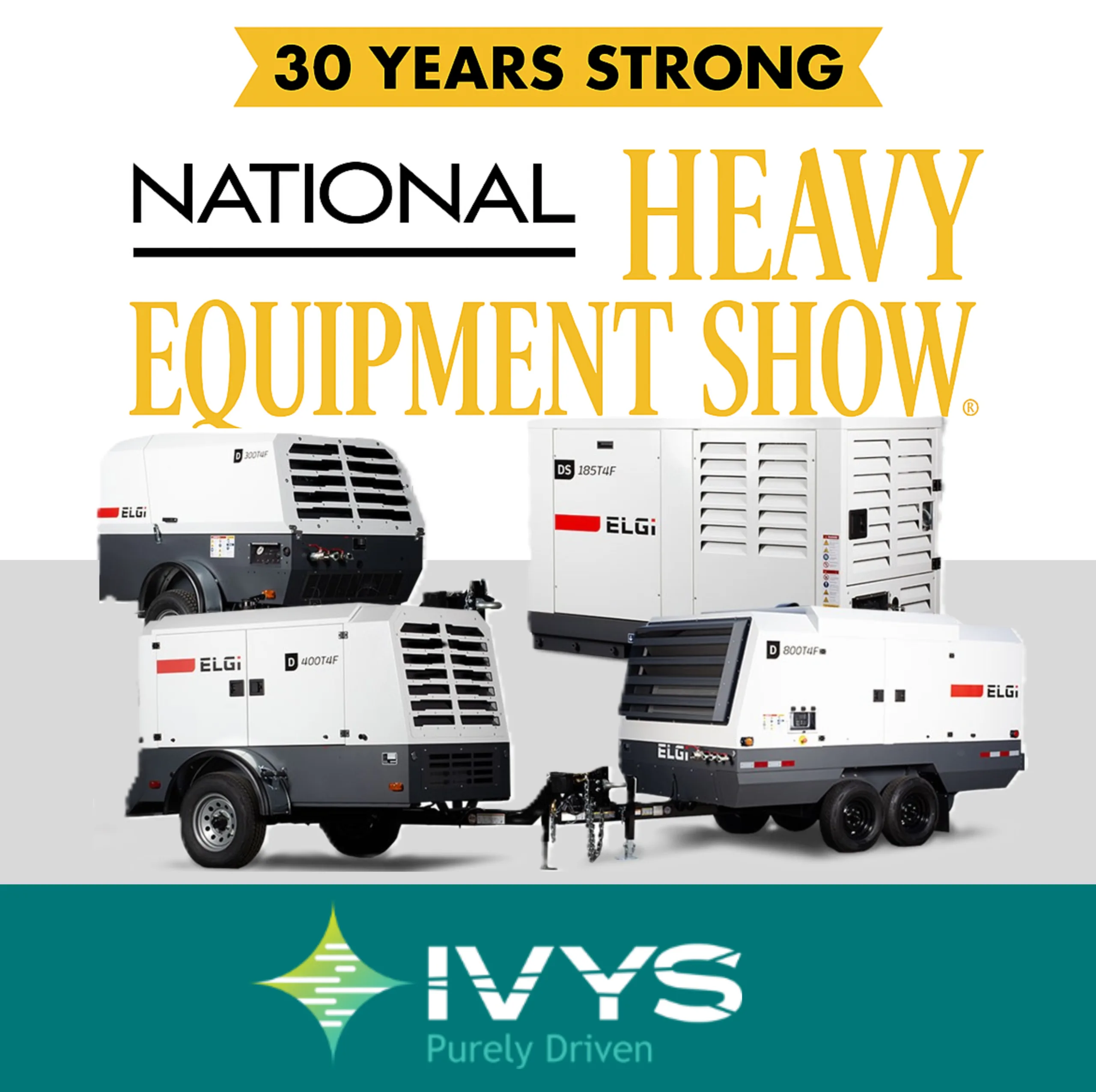 Promotional visual for the National Heavy Equipment Show featuring four ELGi industrial compressors in the foreground and the IVYS logo at the bottom.