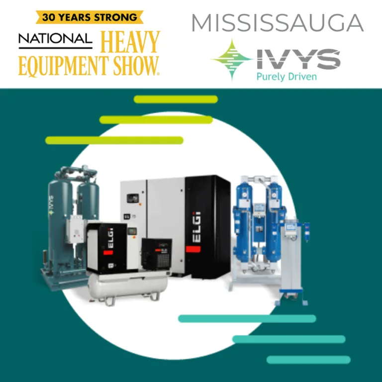 Promotional graphic for the National Heavy Equipment Show in Mississauga. The image features the IVYS logo and a selection of industrial equipment, including air compressors, dryers, and filtration systems from IVYS and ELGi. A large white circular shape highlights the equipment, with abstract green and yellow graphic elements around it. A button at the top reads ‘Inscrivez-vous maintenant’ (Register now).