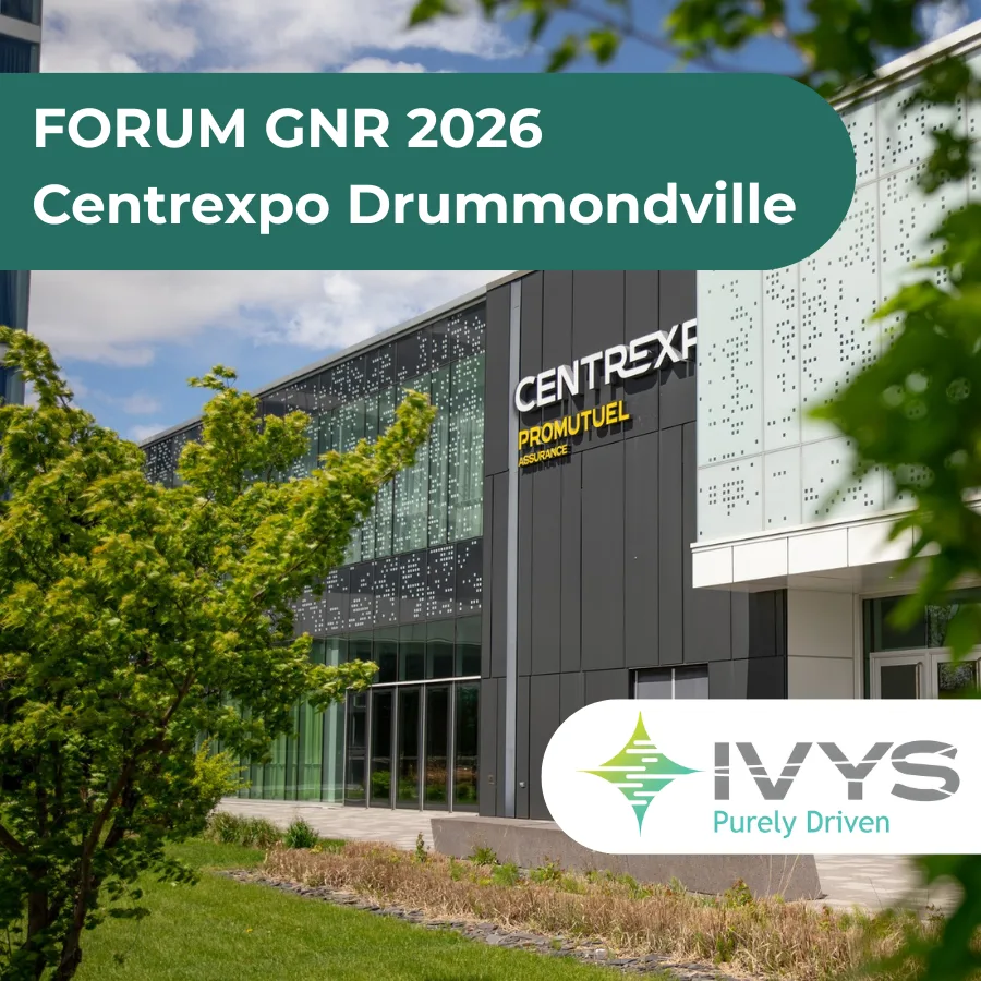 Affiche du Forum GNR 2026 présentant l’entrée du Centrexpo Cogeco de Drummondville, avec le logo d’IVYS et un bandeau indiquant l’événement. » ---