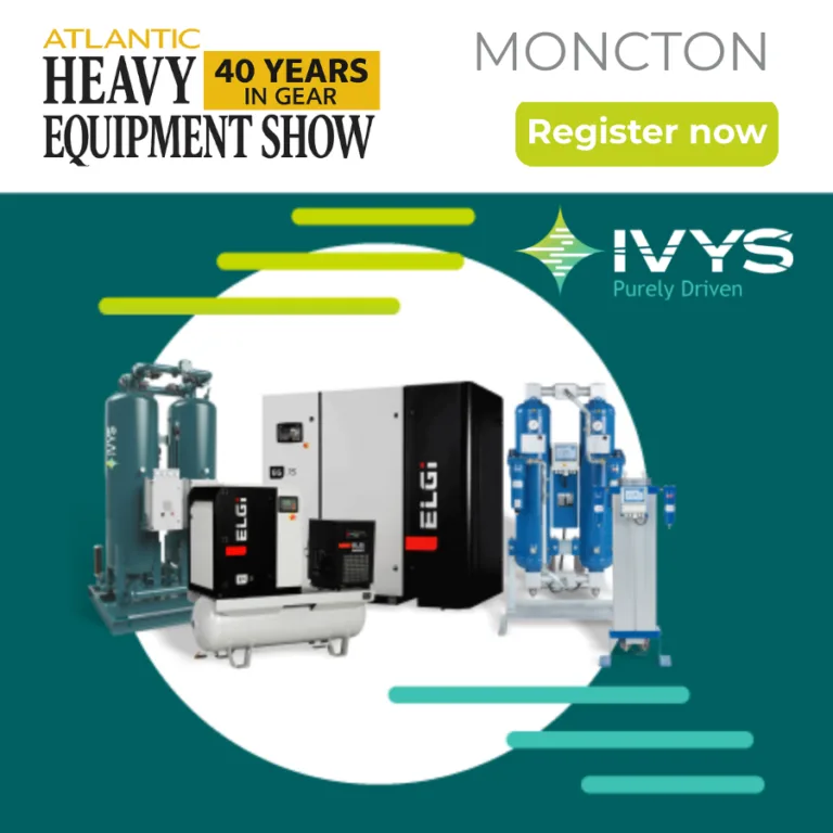 Promotional graphic for the Atlantic Heavy Equipment Show in Moncton. The image features the IVYS logo and a selection of industrial equipment, including air compressors, dryers, and filtration systems from IVYS and ELGi. A large white circular shape highlights the equipment, with abstract green and yellow graphic elements around it. A button at the top reads ‘Inscrivez-vous maintenant’ (Register now).