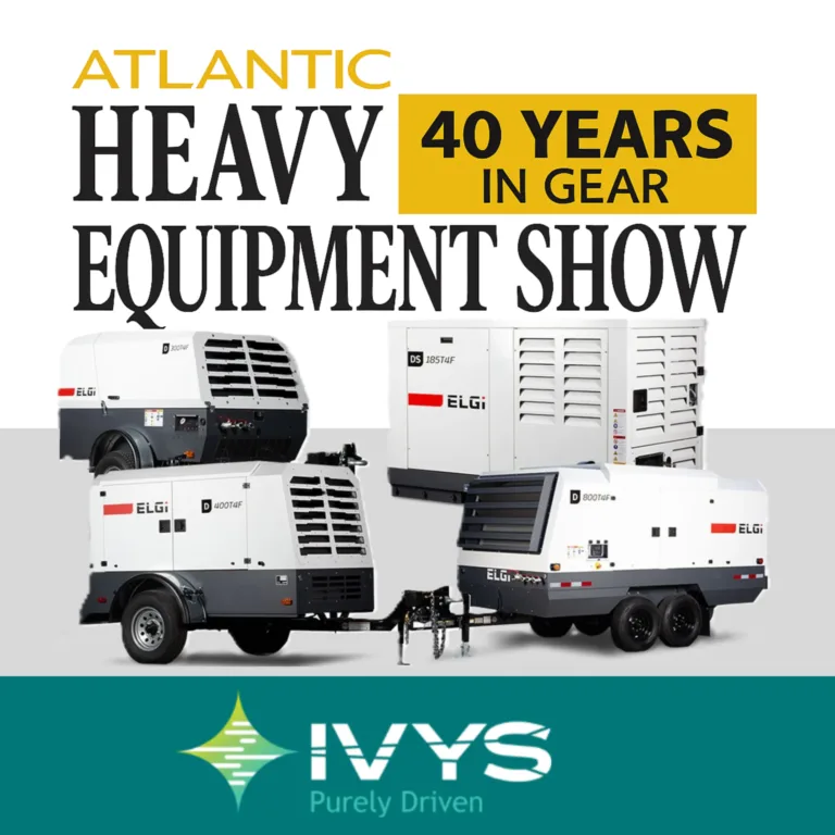 Ajouter un titre (2)2 Promotional graphic for the National Heavy Equipment Show in Mississauga. The image features the IVYS logo and a selection of industrial equipment, including air compressors, dryers, and filtration systems from IVYS and ELGi. A large white circular shape highlights the equipment, with abstract green and yellow graphic elements around it. A button at the top reads ‘Inscrivez-vous maintenant’ (Register now).