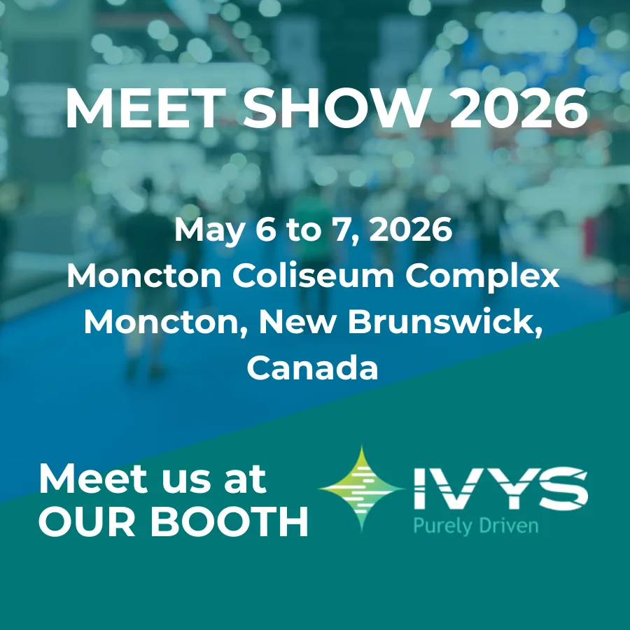 Promotional graphic for MEET SHOW 2026 featuring a blurred background depicting a trade show with event details: May 6–7, 2026, at the Moncton Coliseum Complex in Moncton, New Brunswick, Canada. The visual includes the IVYS logo and the message