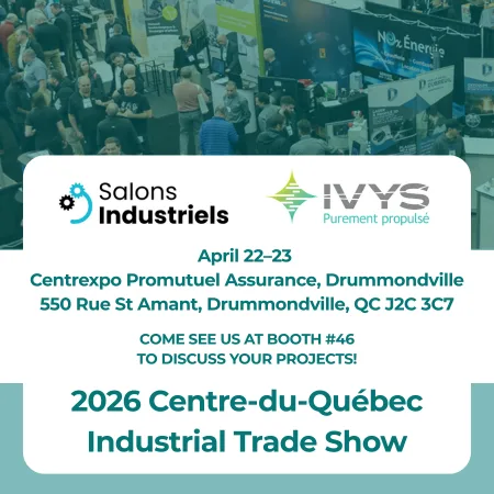 Promotional visual for the 2026 Centre-du-Québec Industrial Show featuring a trade show scene with multiple booths and attendees, along with the Salons Industriels and IVYS logos and event details for Drummondville