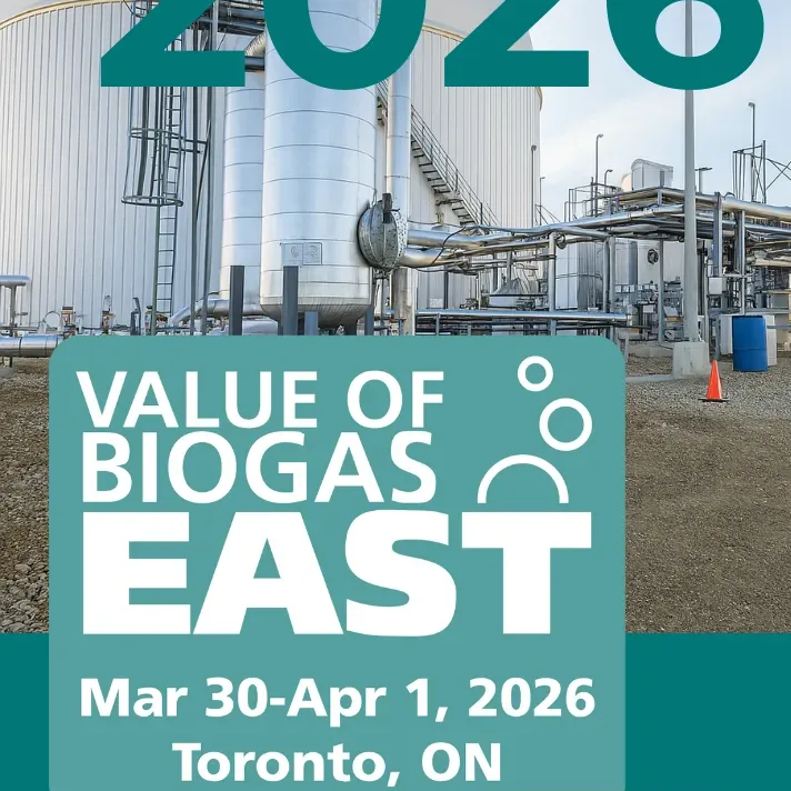 Affiche promotionnelle de la conférence Value of Biogas East 2026, montrant une installation de biogaz industrielle en arrière-plan, avec la date du 30 mars au 1er avril 2026 à Toronto et le logo d’IVYS.