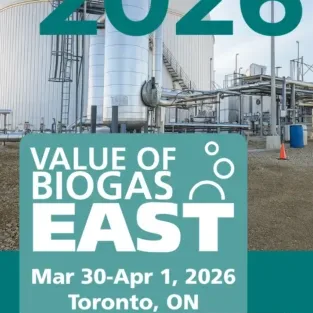 v3-fr Affiche promotionnelle de la conférence Value of Biogas East 2026, montrant une installation de biogaz industrielle en arrière-plan, avec la date du 30 mars au 1er avril 2026 à Toronto et le logo d’IVYS.