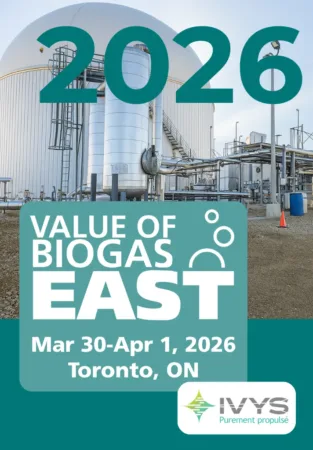 Affiche promotionnelle de la conférence Value of Biogas East 2026, montrant une installation de biogaz industrielle en arrière-plan, avec la date du 30 mars au 1er avril 2026 à Toronto et le logo d’IVYS.