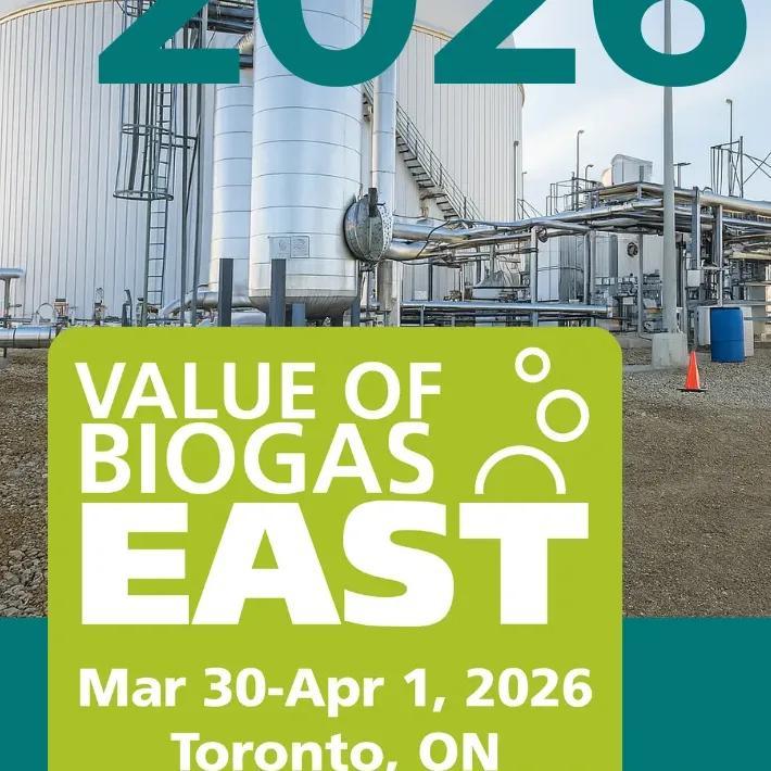 Promotional poster for the Value of Biogas East 2026 conference, featuring an industrial biogas facility in the background, with event dates March 30–April 1, 2026 in Toronto and the IVYS logo.