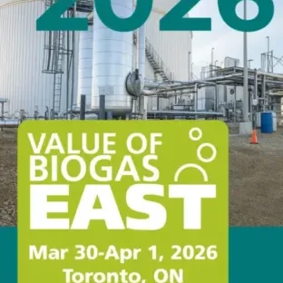 v6-en Promotional poster for the Value of Biogas East 2026 conference, featuring an industrial biogas facility in the background, with event dates March 30–April 1, 2026 in Toronto and the IVYS logo.