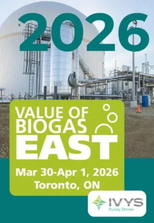 v6-en Promotional poster for the Value of Biogas East 2026 conference, featuring an industrial biogas facility in the background, with event dates March 30–April 1, 2026 in Toronto and the IVYS logo.