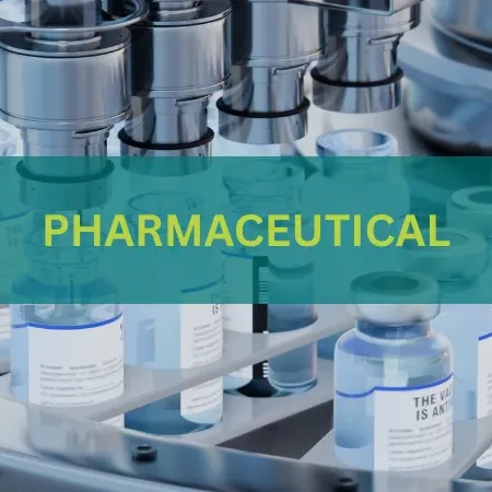 A three‑panel image showing industrial production environments: on the left, a food and beverage bottling line with rows of filled containers; in the center, pharmaceutical equipment and vials on an automated filling system; and on the right, an electronics assembly process with a robotic tool working over circuit boards. A teal banner across all three panels displays the words ‘FOOD & BEVERAGE,’ ‘PHARMACEUTICAL,’ and ‘ELECTRONICS.