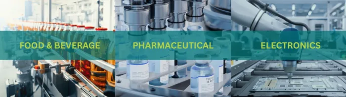 A three‑panel image showing industrial production environments: on the left, a food and beverage bottling line with rows of filled containers; in the center, pharmaceutical equipment and vials on an automated filling system; and on the right, an electronics assembly process with a robotic tool working over circuit boards. A teal banner across all three panels displays the words ‘FOOD & BEVERAGE,’ ‘PHARMACEUTICAL,’ and ‘ELECTRONICS.