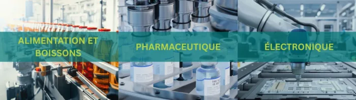Une image en trois panneaux montrant des environnements de production industrielle : à gauche, une chaîne d'embouteillage de produits alimentaires et de boissons avec des rangées de conteneurs remplis ; au centre, des équipements pharmaceutiques et des flacons sur un système de remplissage automatisé ; et à droite, un processus d'assemblage électronique avec un outil robotisé travaillant sur des cartes de circuits imprimés. Une bannière bleu sarcelle sur les trois panneaux affiche les mots « ALIMENTATION ET BOISSONS », « PHARMACEUTIQUE » et « ÉLECTRONIQUE ».