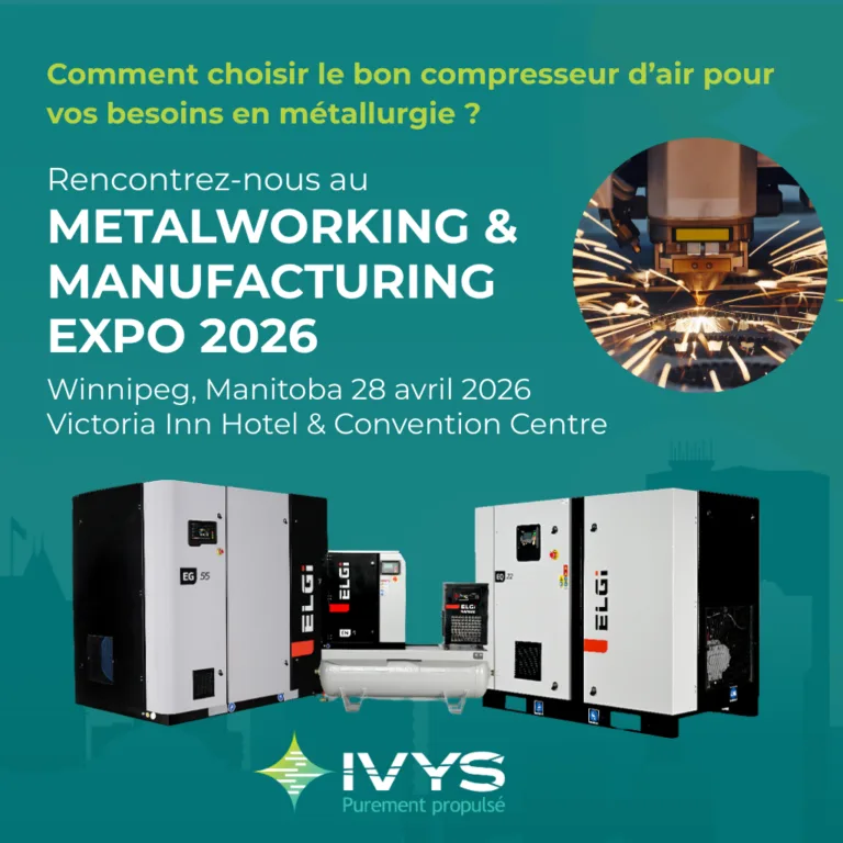 Visuel promotionnel pour le Metalworking & Manufacturing Expo 2026, montrant des compresseurs d’air industriels ELGi sur fond vert, avec du texte annonçant l’événement à Winnipeg le 28 avril 2026 et une image ronde d’un procédé de découpe métallique produisant des étincelles. Le logo IVYS apparaît au bas du visuel.