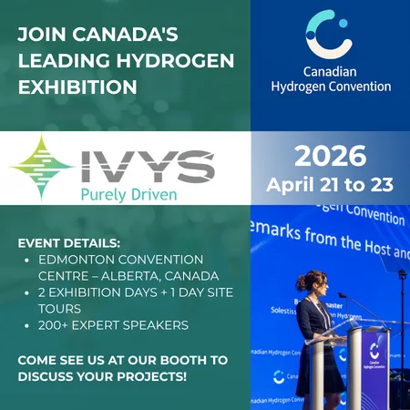 Promotional graphic for the Canadian Hydrogen Convention 2026 featuring the IVYS Adsorption logo. The image includes text announcing “Join Canada’s Leading Hydrogen Exhibition,” event dates April 21 to 23, 2026, and location Edmonton Convention Centre, Alberta, Canada. Additional text highlights 200+ expert speakers, two exhibition days plus one day of site tours, and an invitation to visit the IVYS booth. A photo on the right shows a speaker at a podium on a conference stage with Canadian Hydrogen Convention branding.