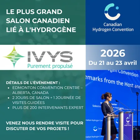 Visuel promotionnel du Canadian Hydrogen Convention 2026 mettant en avant le logo d’IVYS Adsorption. L’image contient le texte « Joignez‑vous à la principale exposition sur l’hydrogène au Canada », les dates du 21 au 23 avril 2026 et le lieu, le Centre des congrès d’Edmonton, Alberta, Canada. Le visuel mentionne plus de 200 conférenciers, deux jours d’exposition et une journée de visites de sites, ainsi qu’une invitation à visiter le kiosque d’IVYS. Une photo à droite montre une personne à un lutrin sur une scène de conférence avec l’image de marque du Canadian Hydrogen Convention.