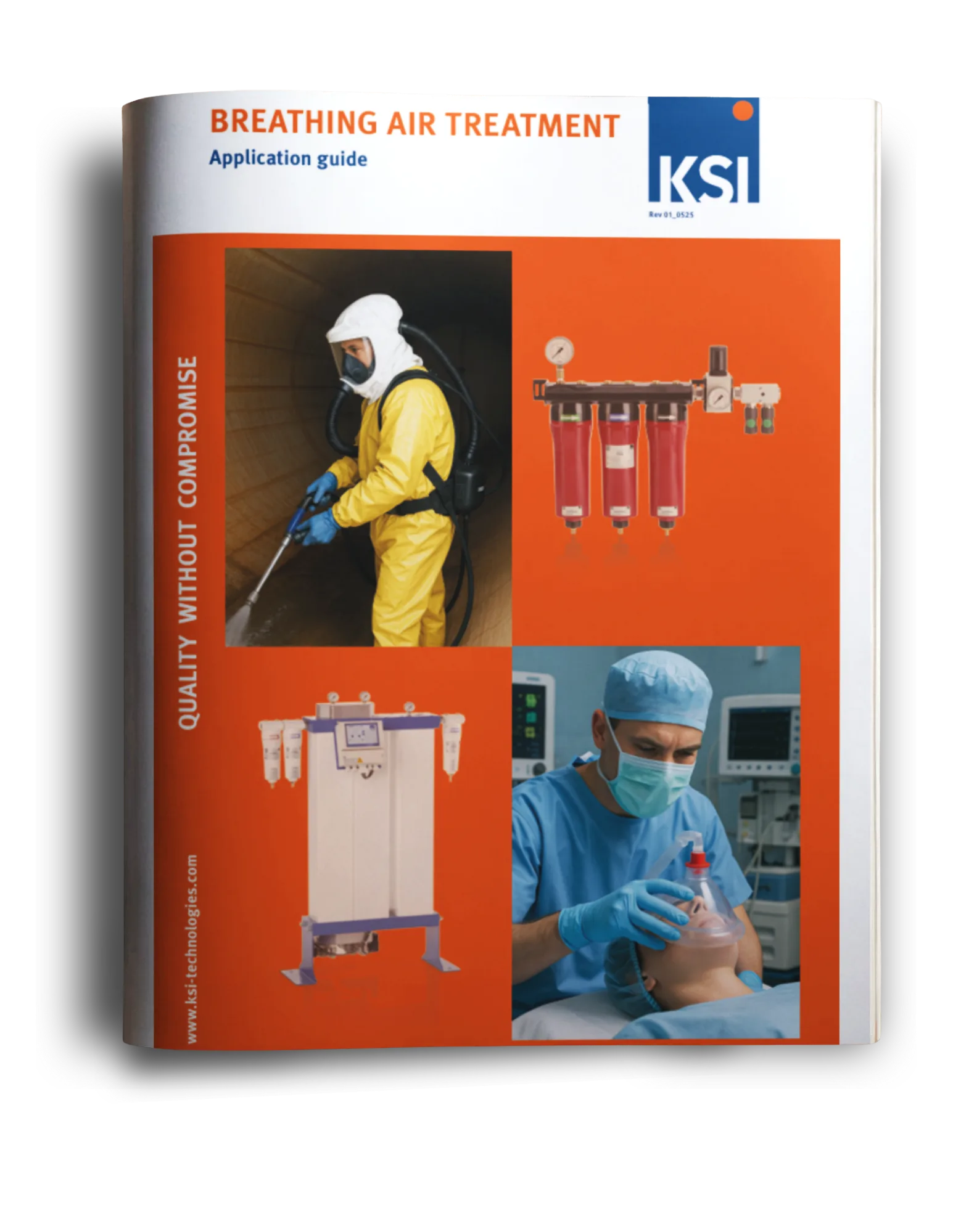 Brochure KSI Breathing Air Treatment montrant des systèmes de filtration d’air respirable, incluant des équipements industriels et des applications en environnement médical et en intervention sécurisée