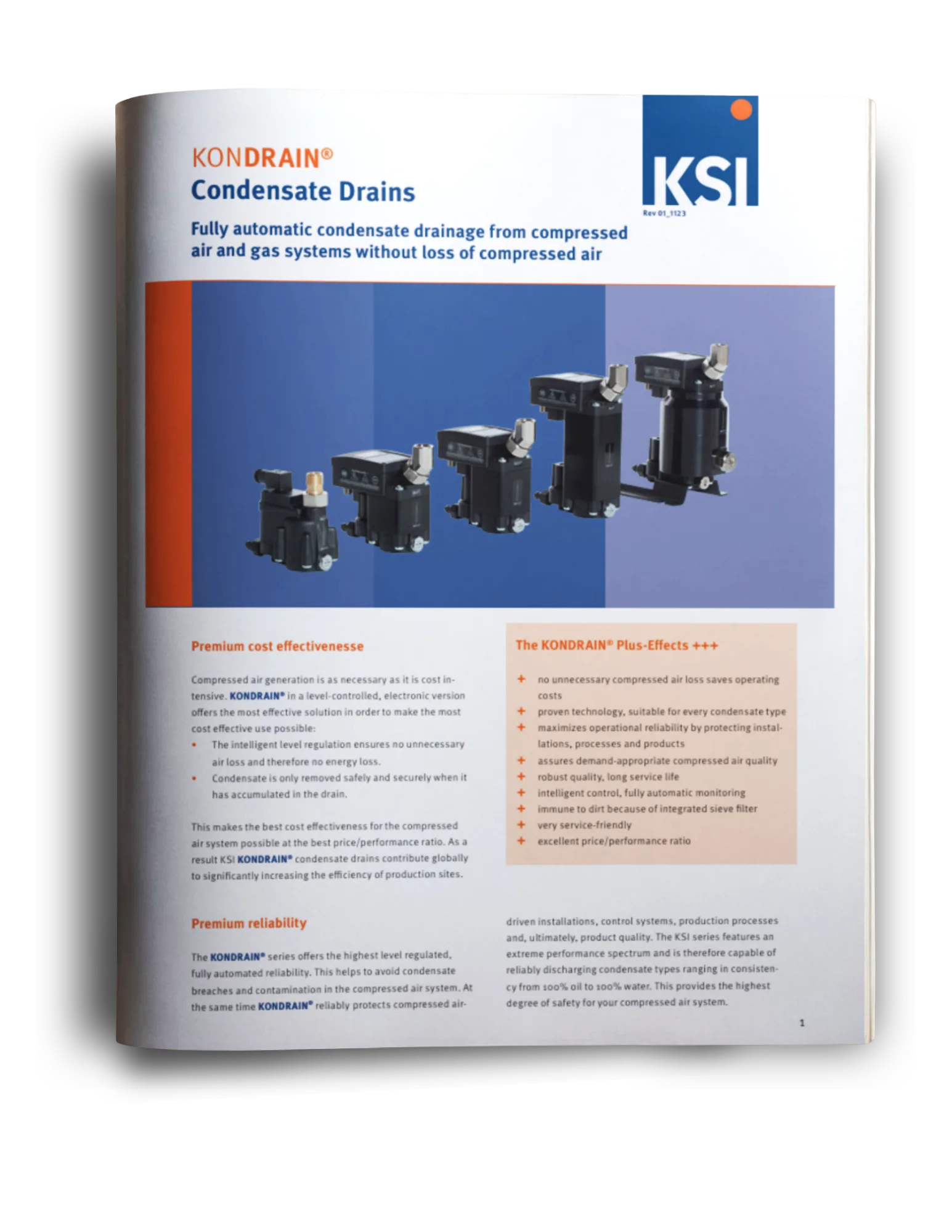 Brochure KSI KONDRAIN montrant des purgeurs de condensats électroniques utilisés pour évacuer automatiquement les liquides des systèmes d’air comprimé et de gaz sans perte d’air comprimé