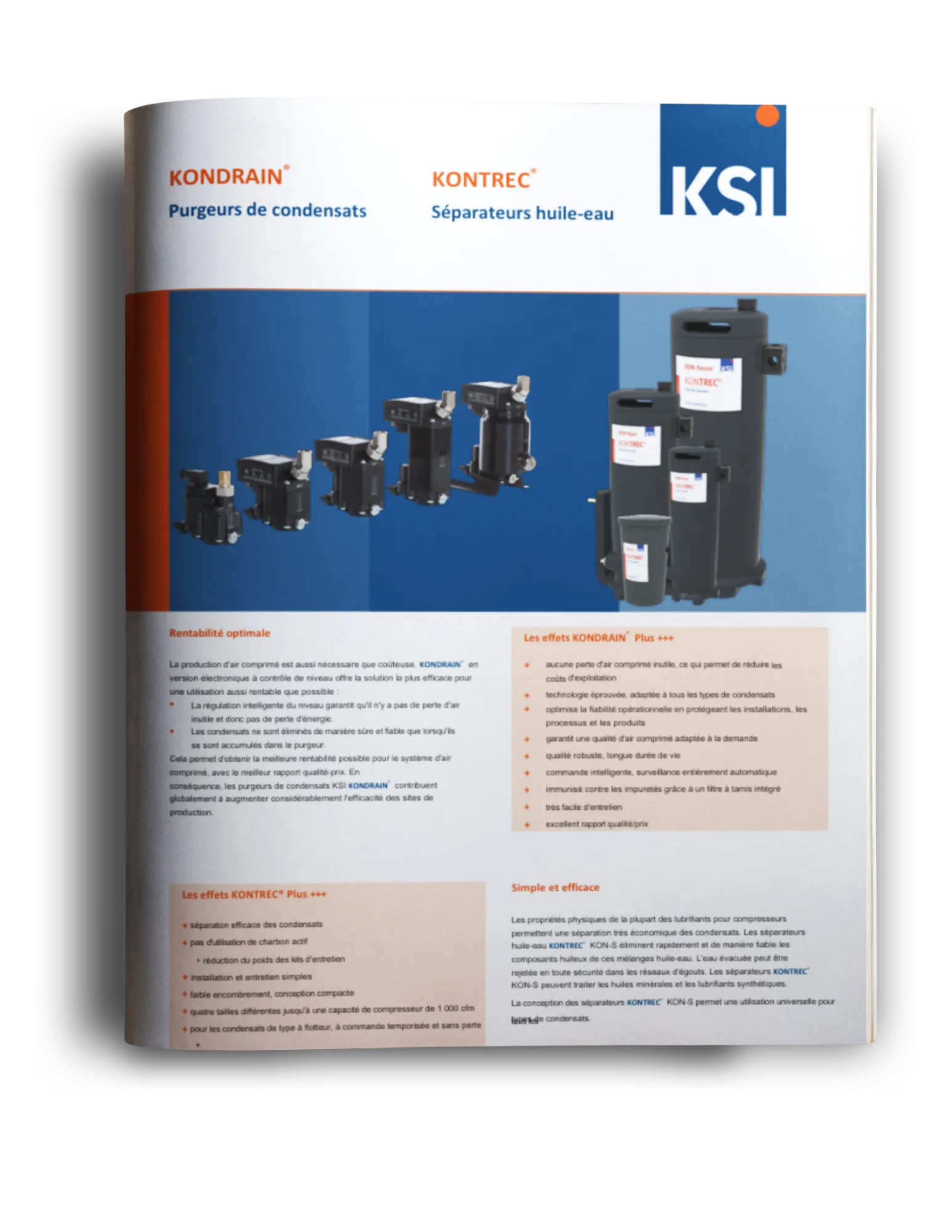 Brochure KSI KONDRAIN et KONTREC montrant des purgeurs de condensats et des séparateurs huile‑eau industriels utilisés pour la gestion et le traitement des condensats dans les systèmes d’air comprimé