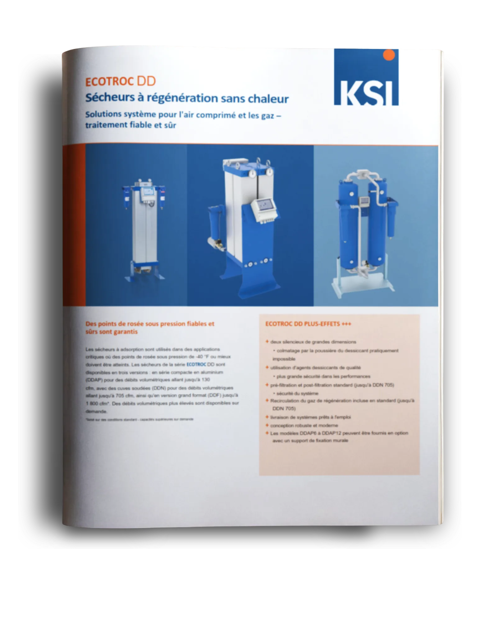 Brochure KSI ECOTROC DD montrant des sécheurs par adsorption sans chaleur et des équipements industriels destinés à atteindre des points de rosée bas et assurer un traitement fiable de l’air comprimé