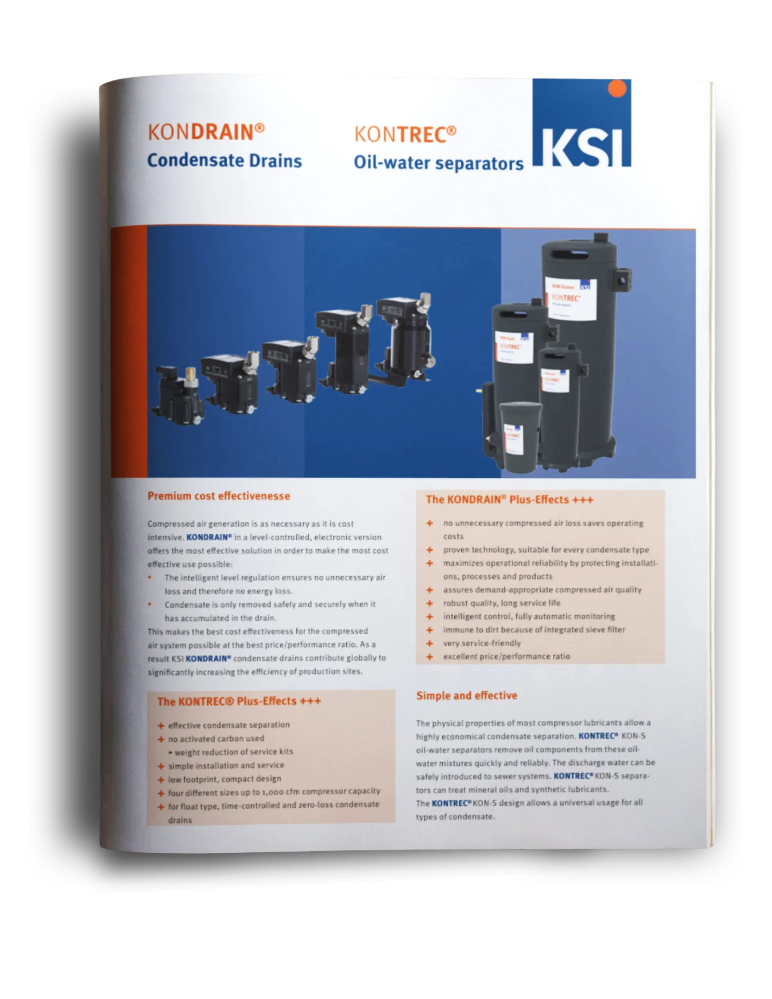 KSI KONDRAIN and KONTREC brochure featuring industrial condensate drains and oil-water separators used for condensate management and treatment in compressed air systems