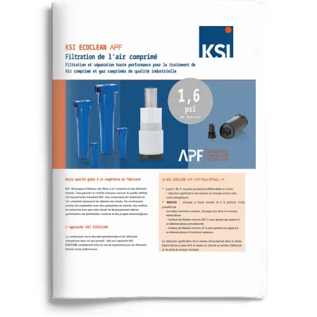 Brochure KSI ECOCLEAN APF présentant des filtres pour air comprimé à haute performance, avec éléments filtrants, boîtiers industriels et indication de faible perte de charge de 1,6 psi.