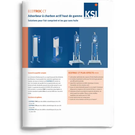 Brochure KSI ECOTROC CT présentant des adsorbeurs à charbon actif haut de gamme pour air comprimé et gaz sans huile, avec plusieurs équipements industriels illustrés.