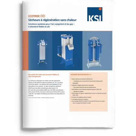 Brochure KSI ECOTROC DD montrant des sécheurs par adsorption sans chaleur et des équipements industriels destinés à atteindre des points de rosée bas et assurer un traitement fiable de l’air comprimé