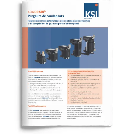 Brochure KSI KONDRAIN présentant des purgeurs de condensats automatiques pour systèmes d’air comprimé et de gaz, avec plusieurs modèles d’équipements industriels et solutions de gestion des condensats.