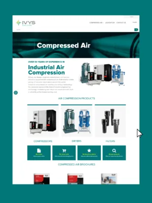 Screenshot of the IVYS website compressed air section showing a header banner labeled “Compressed Air” over an image of industrial pipes. Below, a section titled “Over 50 years of experience in Industrial Air Compression” with a description of services and a lineup of ELGi equipment. Further down, categories for “Compressors,” “Dryers,” and “Filters,” along with user options such as “My orders,” “My saved carts,” “My favorite products,” and “Browse products.