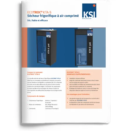 Sécheur frigorifique ECOTROC KTA-S de KSI pour air comprimé, unité compacte industrielle présentée en deux formats avec vue extérieure et coupe interne sur fond bleu.