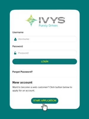 Login page of the IVYS website featuring the company logo and tagline “Purely Driven” at the top. The interface includes fields for entering a username and password, a green “LOGIN” button, a “Forgot Password?” link, and a section inviting users to create a new account with a “Start Application” button, all displayed on a teal background.