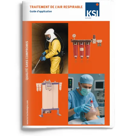 Guide KSI sur le traitement de l’air respirable montrant un travailleur équipé d’un système respiratoire dans un espace confiné, des filtres industriels et une application médicale avec masque à oxygène.