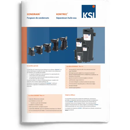 Purgeurs de condensats KONDRAIN et séparateurs huile-eau KONTREC de KSI, équipements industriels pour traitement de condensats d’air comprimé, en plusieurs formats.