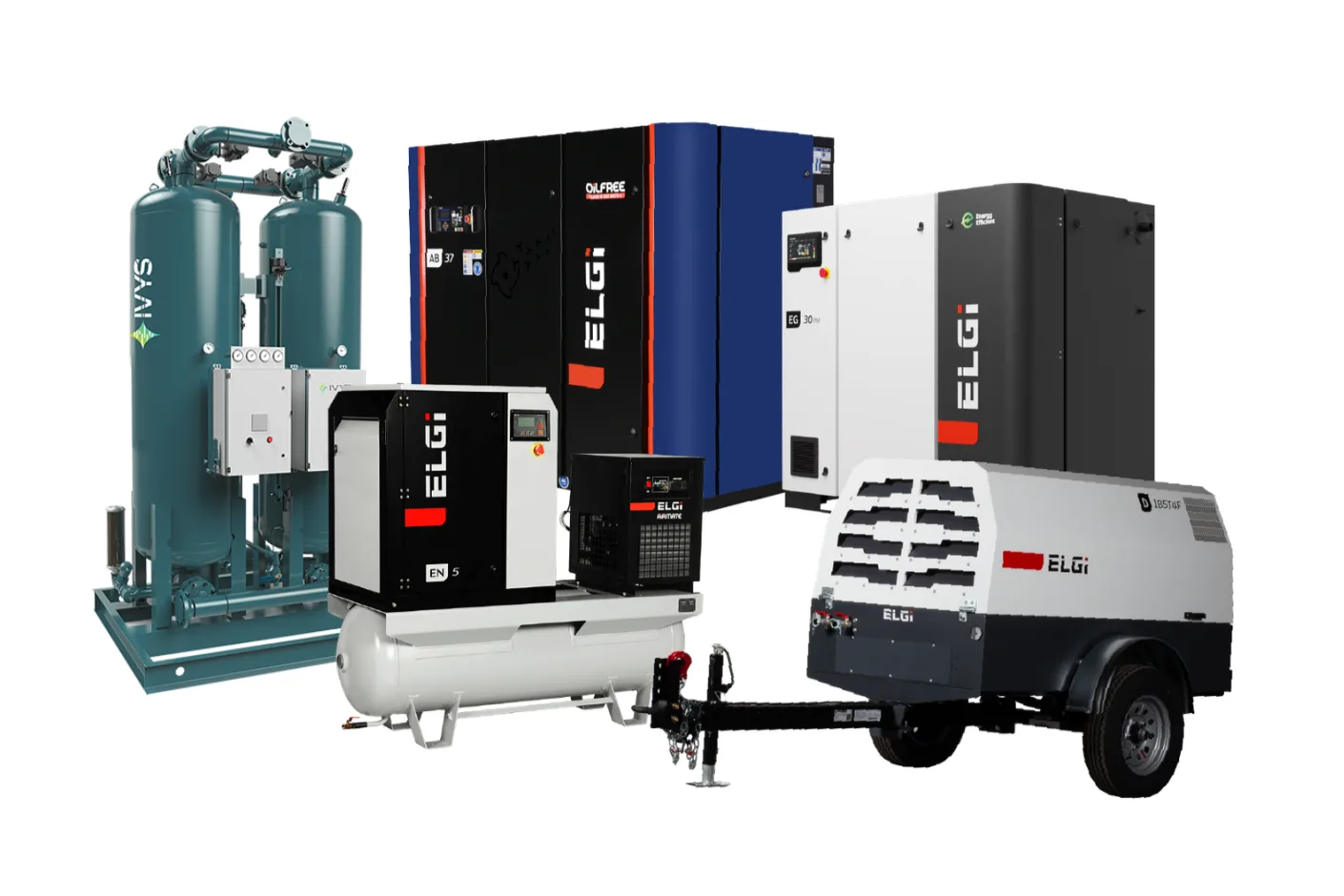 A lineup of industrial air compressor systems branded ELGi, including large vertical and horizontal compressor units, a twin-tank adsorption system, and a portable trailer-mounted compressor. The equipment is shown in various sizes and configurations, with colors including black, white, blue, teal, and grey, all displayed on a clean white background.