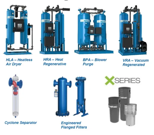 OEM Parts & Air Dryers Overview of XEBEC compressed air treatment equipment, including HLA heatless air dryers, HRA heat regenerative dryers, BPA blower purge dryers, VRA vacuum regenerated dryers, as well as a cyclone separator, engineered flanged filters, and X Series filter elements.