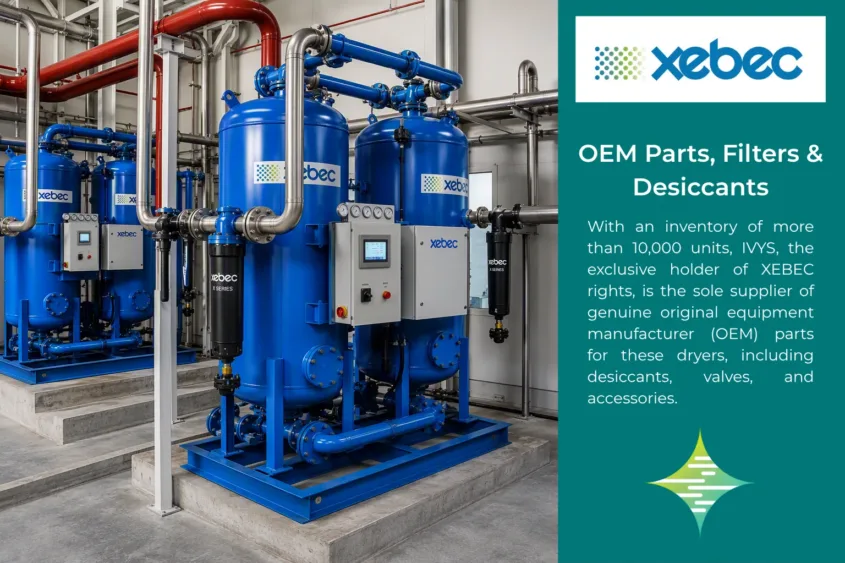 OEM Parts, Filters & Desiccants xebec air drying system operating in an industrial facility, featuring high-performance compressed air treatment equipment, integrated controls, and a robust piping network for reliable, energy-efficient operation.