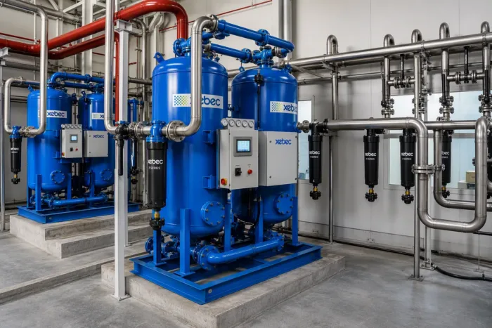 xebec air drying system operating in an industrial facility, featuring high-performance compressed air treatment equipment, integrated controls, and a robust piping network for reliable, energy-efficient operation.