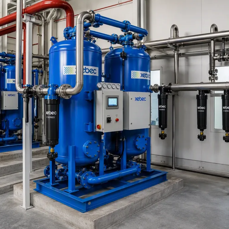 xebec air drying system operating in an industrial facility, featuring high-performance compressed air treatment equipment, integrated controls, and a robust piping network for reliable, energy-efficient operation.