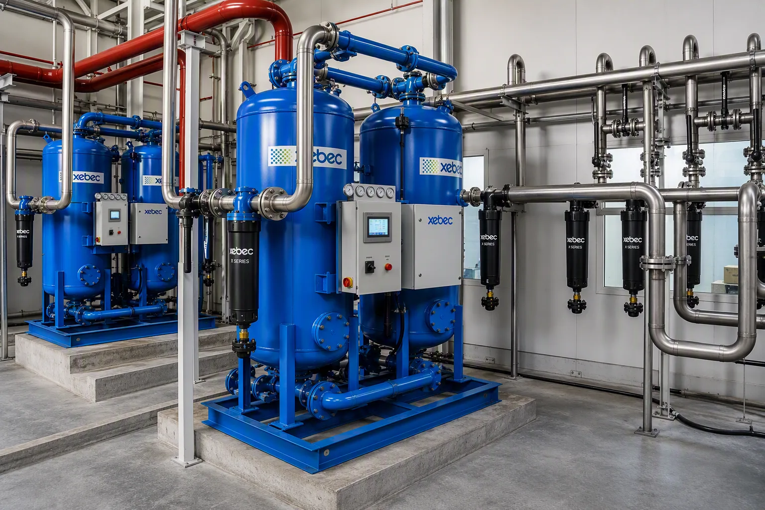 xebec air drying system operating in an industrial facility, featuring high-performance compressed air treatment equipment, integrated controls, and a robust piping network for reliable, energy-efficient operation.