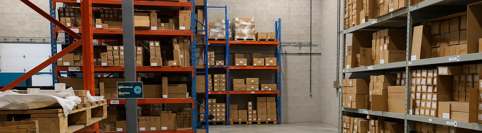 Industrial warehouse interior with tall metal storage racks filled with cardboard boxes of various sizes. In the foreground, wooden pallets stacked with wrapped materials are positioned on the left side. A central aisle leads toward the back of the warehouse, where additional orange and blue shelving units hold neatly organized cartons. Light-colored concrete block walls and bright overhead lighting create a clean, organized storage environment. A small identification sign is mounted on a support column near the center of the image.