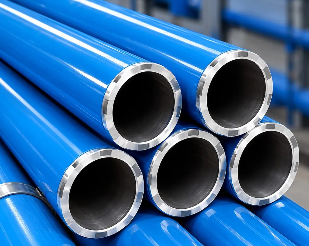Blue aluminum pipes for a compressed air distribution system.
