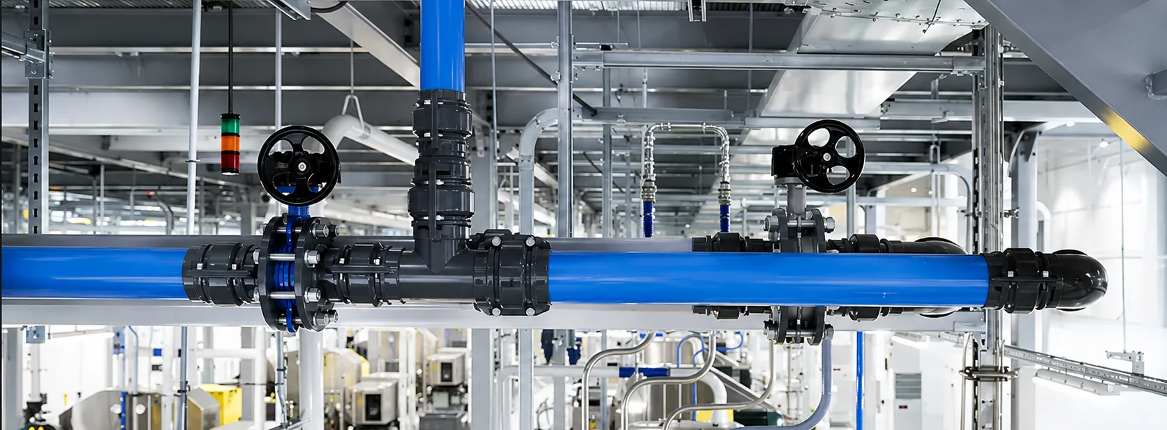 Blue aluminum compressed air piping installed in a modern industrial facility, featuring modular fittings, isolation valves, and overhead distribution lines supported by a structural framework.