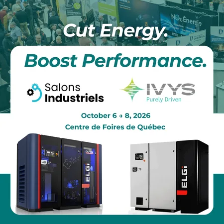 IVYS at the 2026 Quebec Industrial Fair, showcasing ELGi AB oil-free compressors and compressed air solutions at the Quebec Exhibition Center.