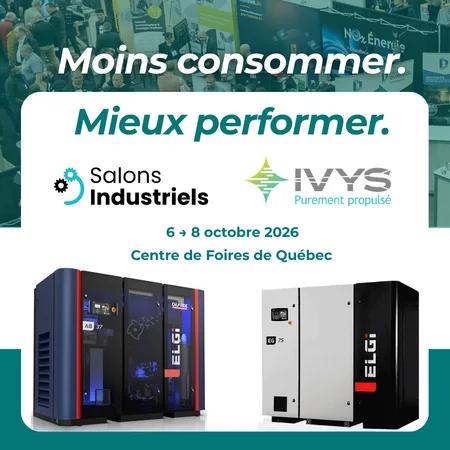 IVYS au Salon Industriel de Québec 2026 présentant les compresseurs sans huile ELGi AB et les solutions d'air comprimé au Centre de Foires de Québec.